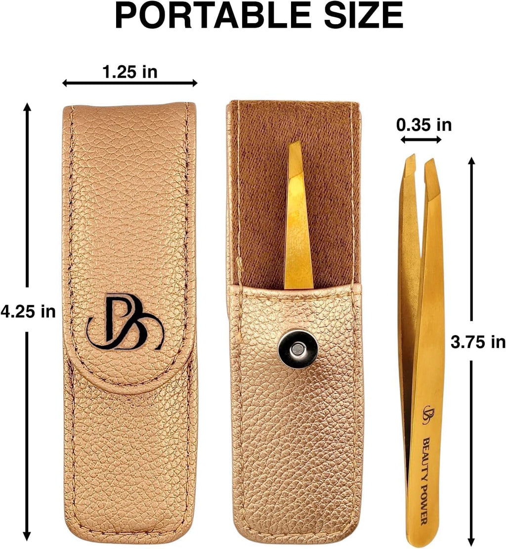 Professional Tweezers in Case - Slant, Durable Lightweight German Stainless Steel, Ultra Precision Tweezers for Eyebrows, Facial Hair, Chin, and Ingrown Hair Removal - Gift (Gold)