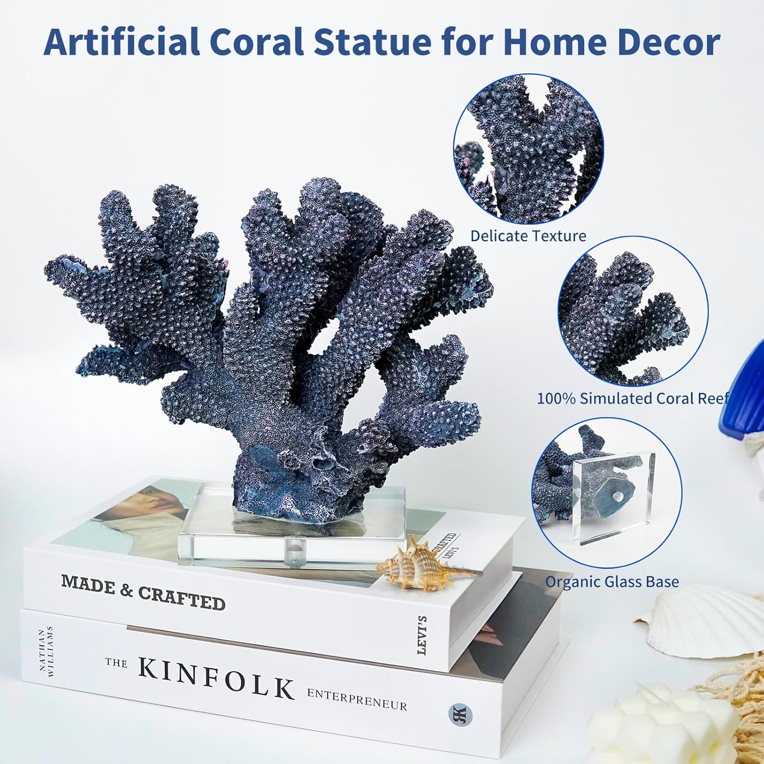 Coral Reef Beach Decor,9'' Width x 8'' High Artificial Resin Coral Reef Statue Decoration for Ocean Coastal Beach Nautical Themed Room Bathroom Decor for Home,RB1004B,Blue