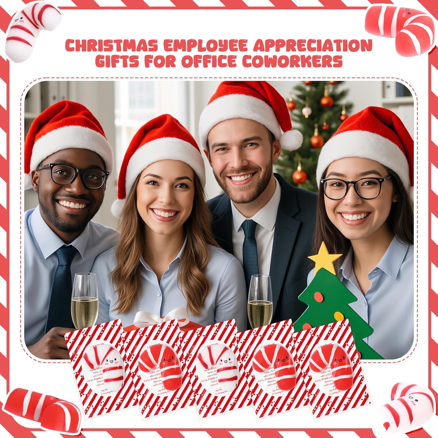 Wettarn 30 Sets Emotional Luminous Candy Cane Stress Ball Gifts Bulk Office Christmas Appreciation Gift Cute Candy Cane Squeeze Mini Stress Relief Ball Inspirational Cards for Coworker Staff Teacher