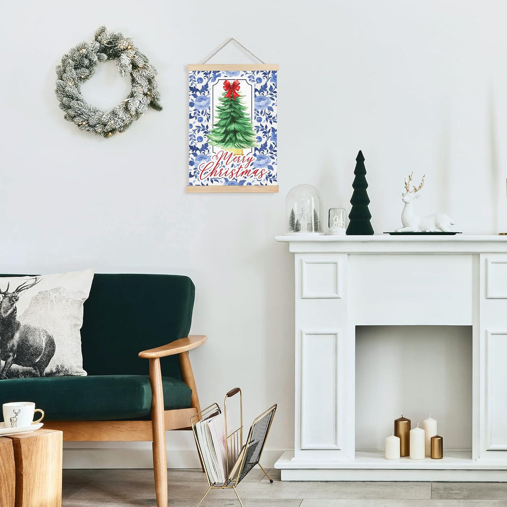 FDHSPAAM Blue and White Floal Chinoiserie Christmas Tree Wall Art Decor, Grandmillennial Christmas Decor, Preppy Red Bow Pine Tree Wall Art Posters for Home Bedroom Living Room, 12x16 Inch