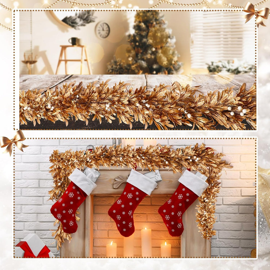 Dingion 6 Ft Christmas Gold Leaf Garland Artificial Boxwood Leaf Garland with Pearl White Berry for Christmas Fireplace Front Door Stairs Decoration Winter Engagement Birthday Wedding Party Supplies