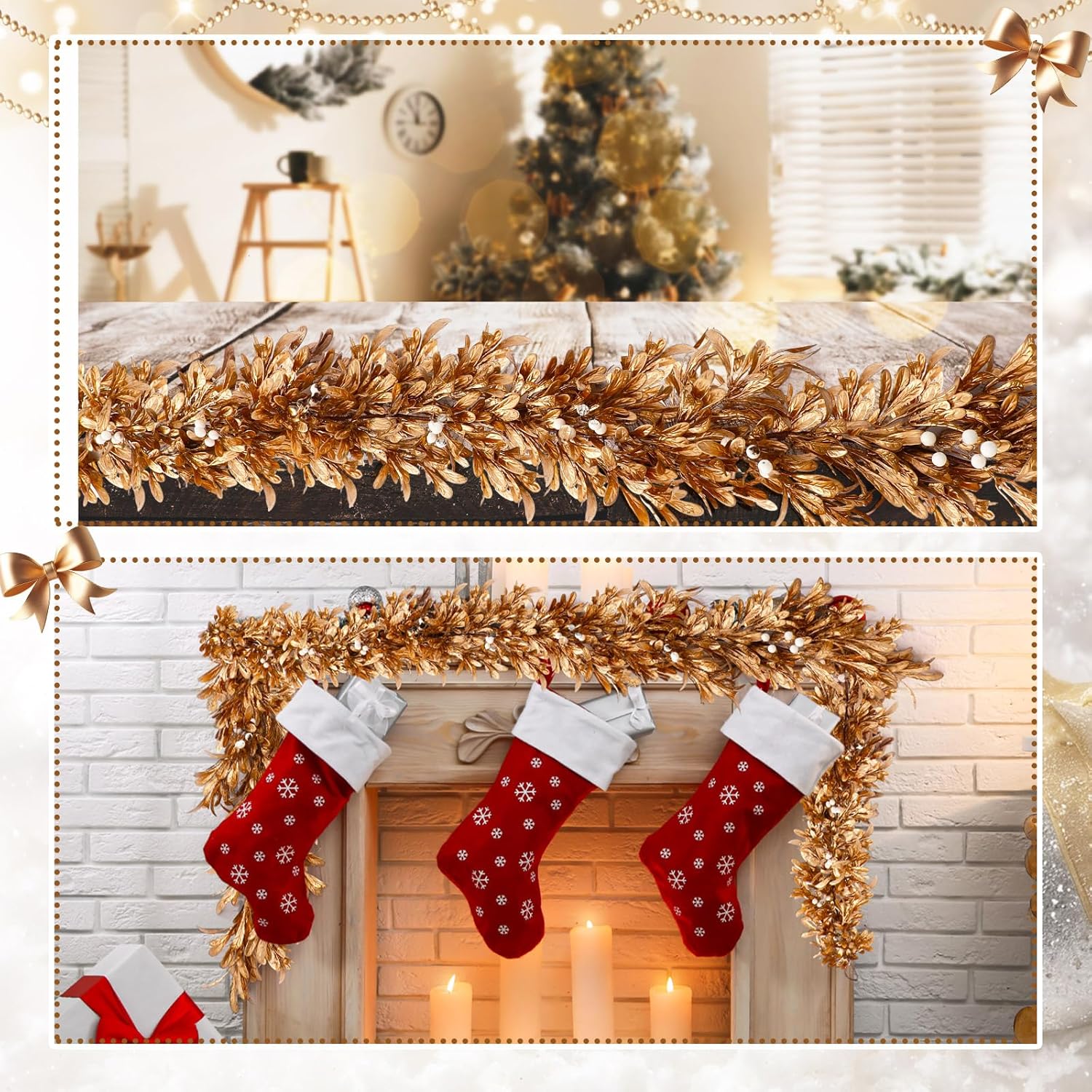Dingion 6 Ft Christmas Gold Leaf Garland Artificial Boxwood Leaf Garland with Pearl White Berry for Christmas Fireplace Front Door Stairs Decoration Winter Engagement Birthday Wedding Party Supplies