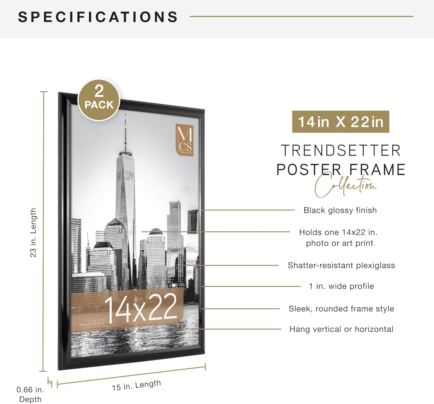 MCS Trendsetter 14x22 Poster Frame Black High-Gloss, Vertical & Horizontal Wall Hanging Large Picture Frame for Photos, Posters & Art Prints (2-Pack)