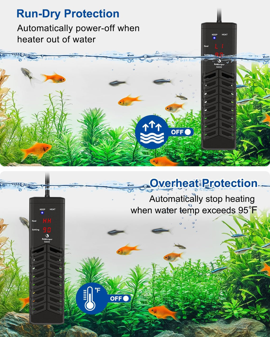 fishkeeper 1000W Submersible Aquarium Heater – Ultra-Safe Digital Fish Tank Heater for 135-280Gal, Leaving Water Auto Power-Off, PID Intelligent Fast Heating, 59°F-93°F Accurate Temperature Control