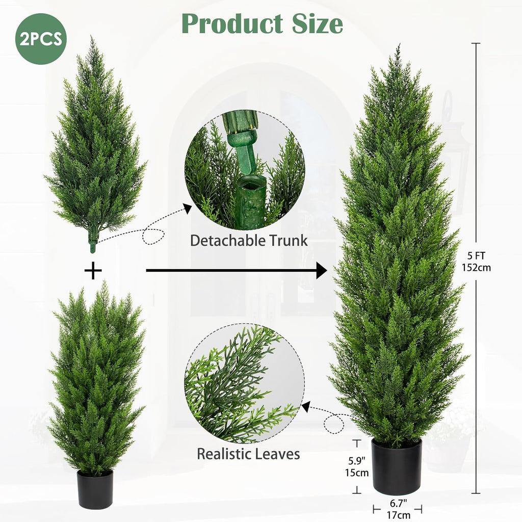Briful 5ft Cedar Topiary Trees Artificial Outdoor Set of 2, Realistic Faux Cedar Pines with Pots, UV Resistant Christmas Greenery for Holiday Decor, Indoor Farmhouse Entryway Patio Door Plants