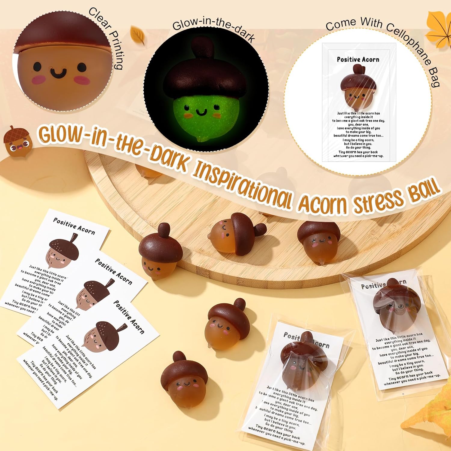 Wettarn 30 Sets Emotional Luminous Acorn Stress Ball Gift Bulk Office Christmas Party Favor Cute Positive Acorn Squeeze Mini Stress Relief Ball Inspirational Card for Coworker Staff Nurse