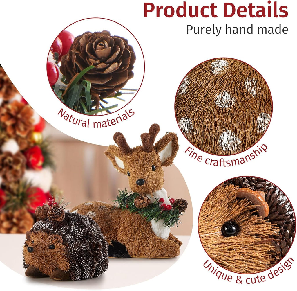 naturevibe Set of 6 Sisal Woodland Animals for Rustic Christmas Decorations, Forest Animals Figures with Holiday Accent as Christmas Table Decor or Holiday Decorations