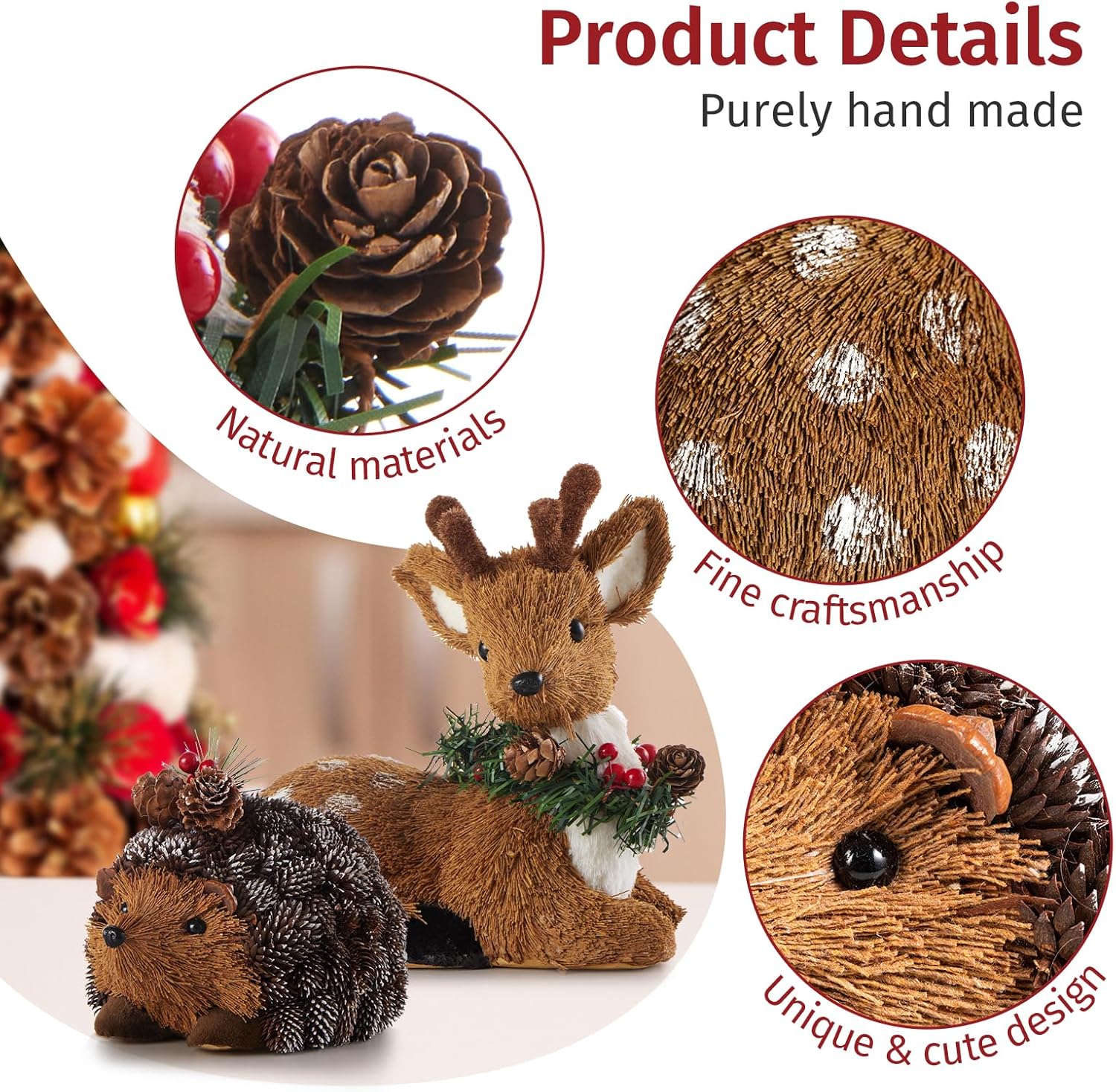 naturevibe Set of 6 Sisal Woodland Animals for Rustic Christmas Decorations, Forest Animals Figures with Holiday Accent as Christmas Table Decor or Holiday Decorations
