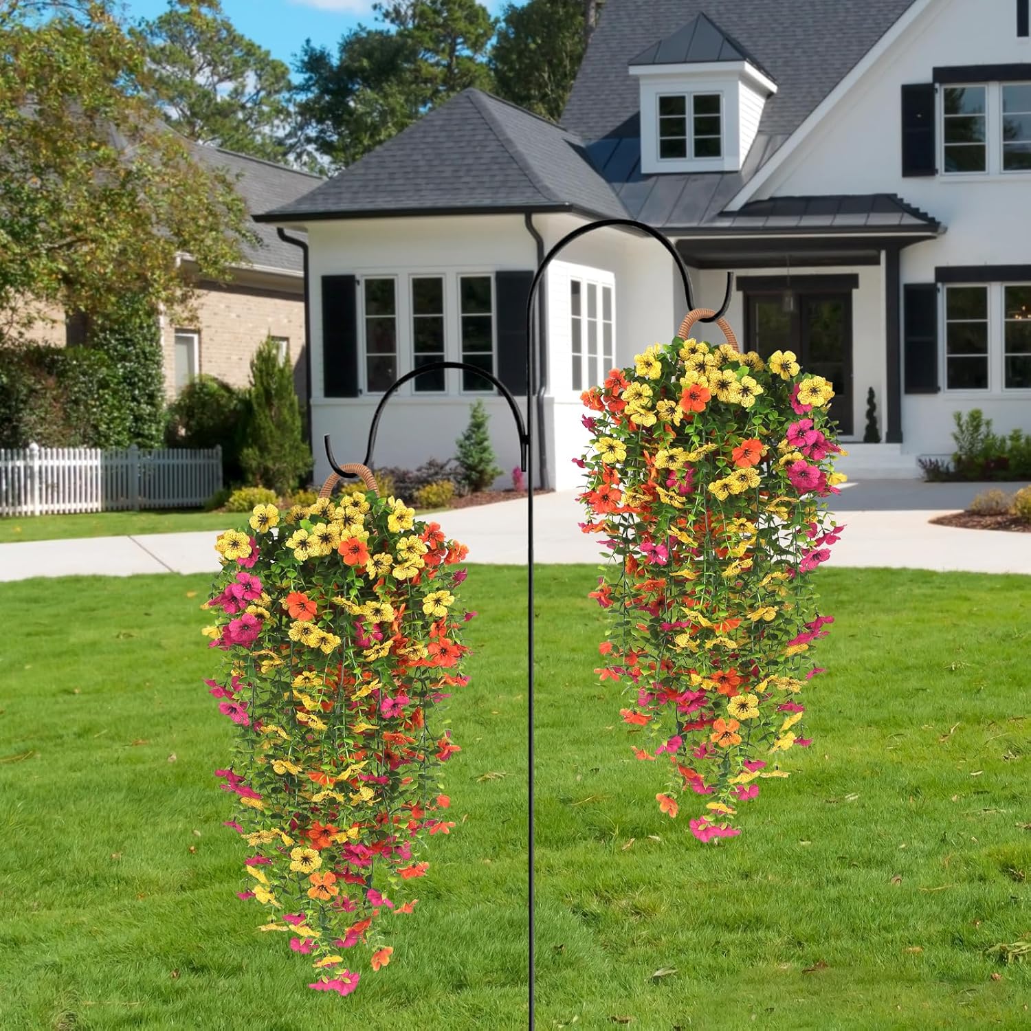 3 PCS Artificial Fake Hanging Flowers Plants with Basket for Spring Autumn Outdoor Outside Decoration, UV Resistant Faux Plastic Fabric Flower for Garden Porch Patio Balcony Yard Decor（Mix）