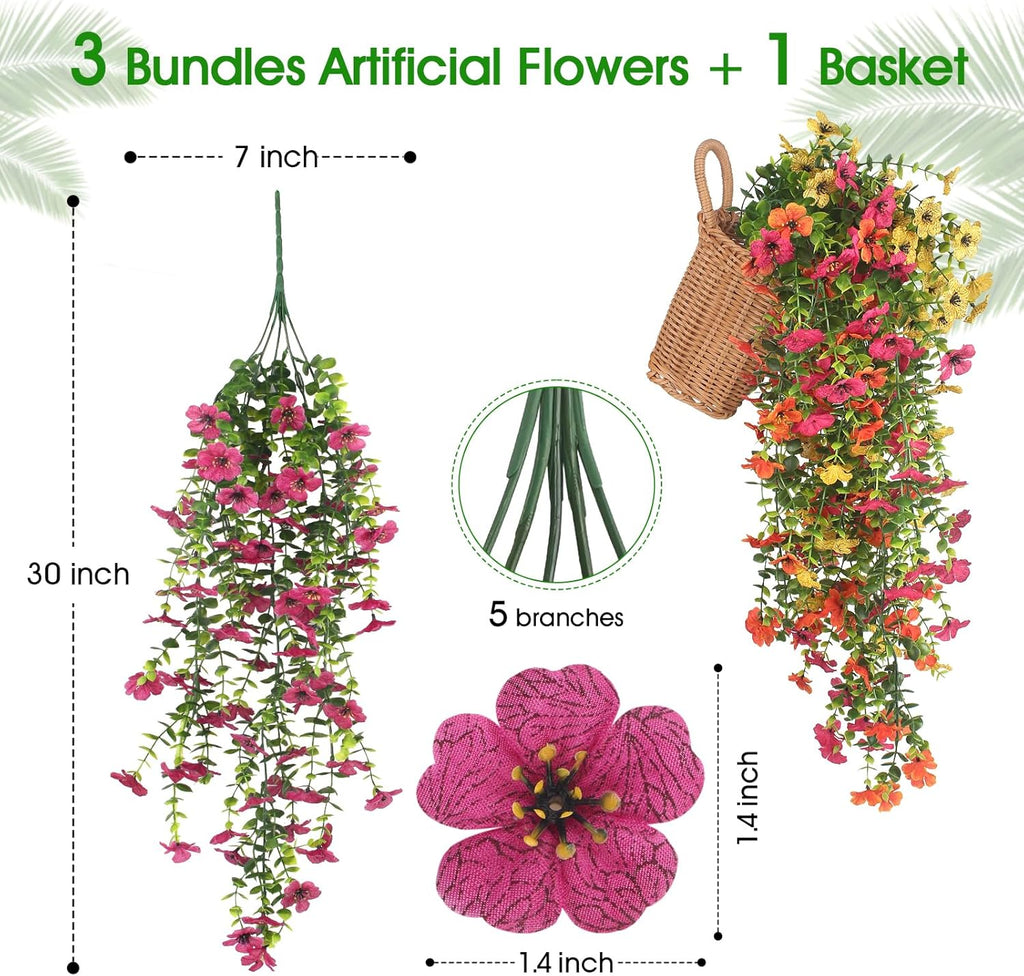 3 PCS Artificial Fake Hanging Flowers Plants with Basket for Spring Autumn Outdoor Outside Decoration, UV Resistant Faux Plastic Fabric Flower for Garden Porch Patio Balcony Yard Decor（Mix）