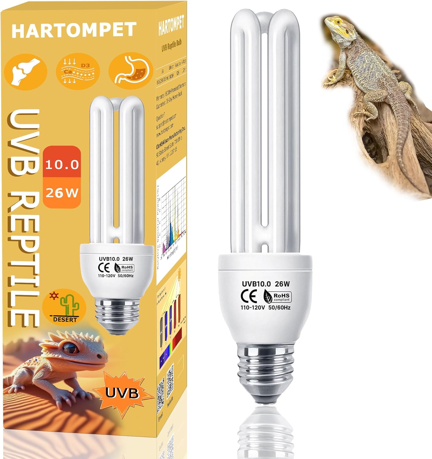 Linear UVA/UVB Lamp 10.0, 26W - Desert Habitat Lighting, Compact Terrarium Lamp, UVB Light Bulb for Bearded Dragon, Lizard, Tortoise, Snake, Gecko & All Desert-Dwelling Reptiles