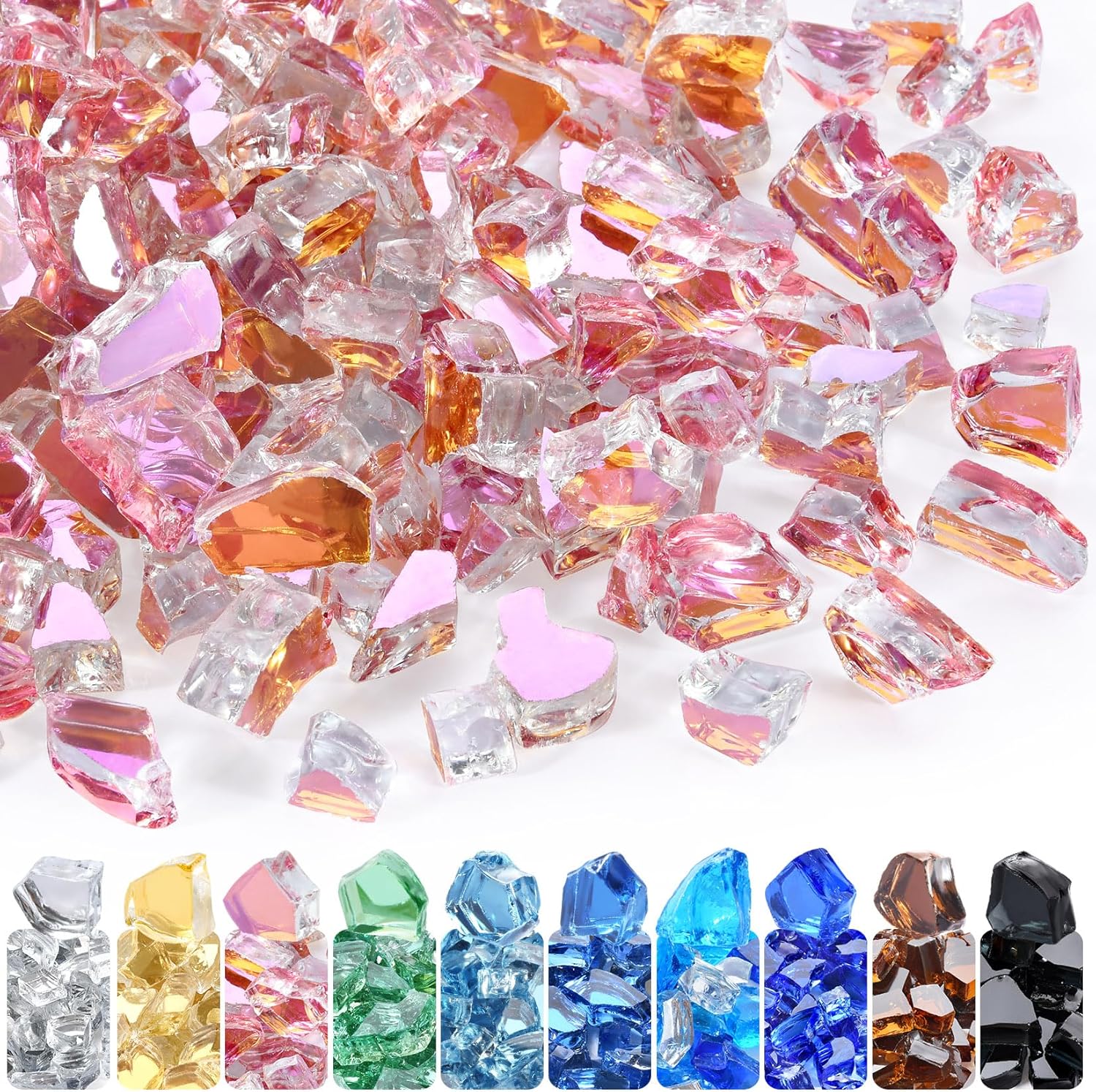 GasSaf 1/2 Inch Fire Glass Reflective Tempered Fireglass Cut Crushed FireGlass for Fire Pit, Fireplace, Replaces Existing Gas Logs & Lava Rocks (10 Pound)(Rose Gold Reflective)