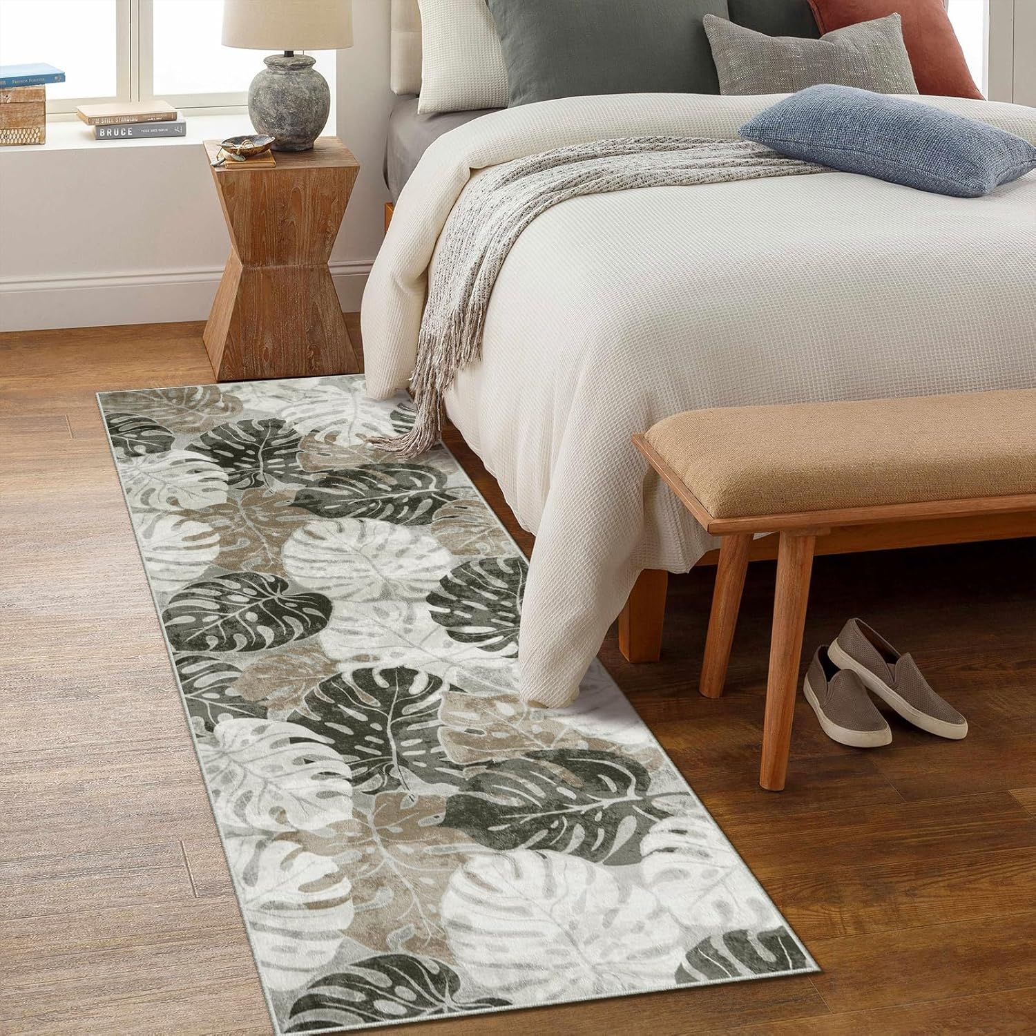 Wonnitar 2x6 Washable Runner Rug, Monstera Non-Slip Runner Rugs for Hallway Leaf Laundry Room Mat, Tropical Soft Low Pile Entryway Indoor Carpet for Kitchen Bathroom Decor, Khaki