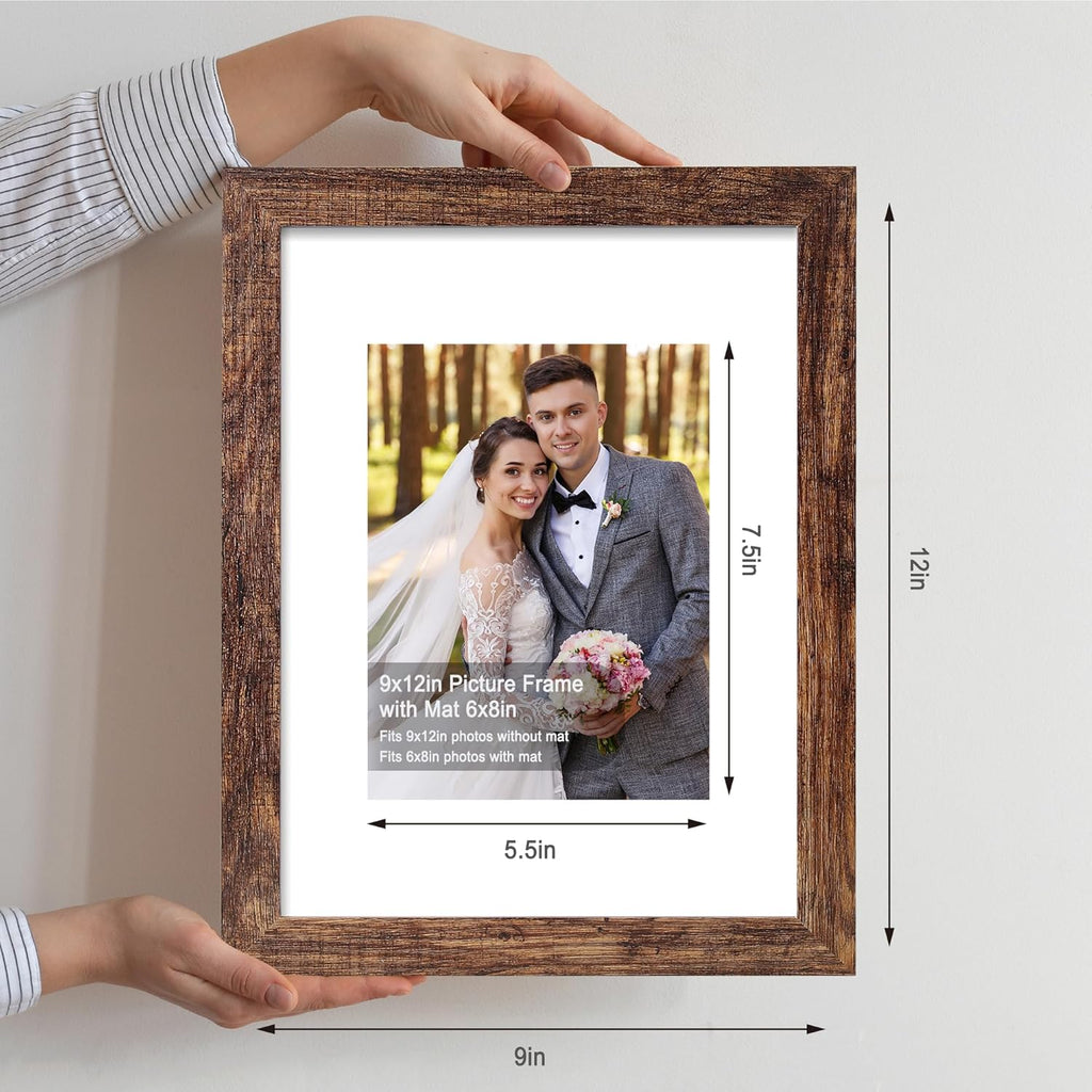 9x12 Picture Frame Set of 4, Made of Glass and Rustic Brown Wooden Frame - Display Picture 6x8 with Mat or 9 x 12 Without Mat, 9 by 12 Photo for Wall or Tabletop