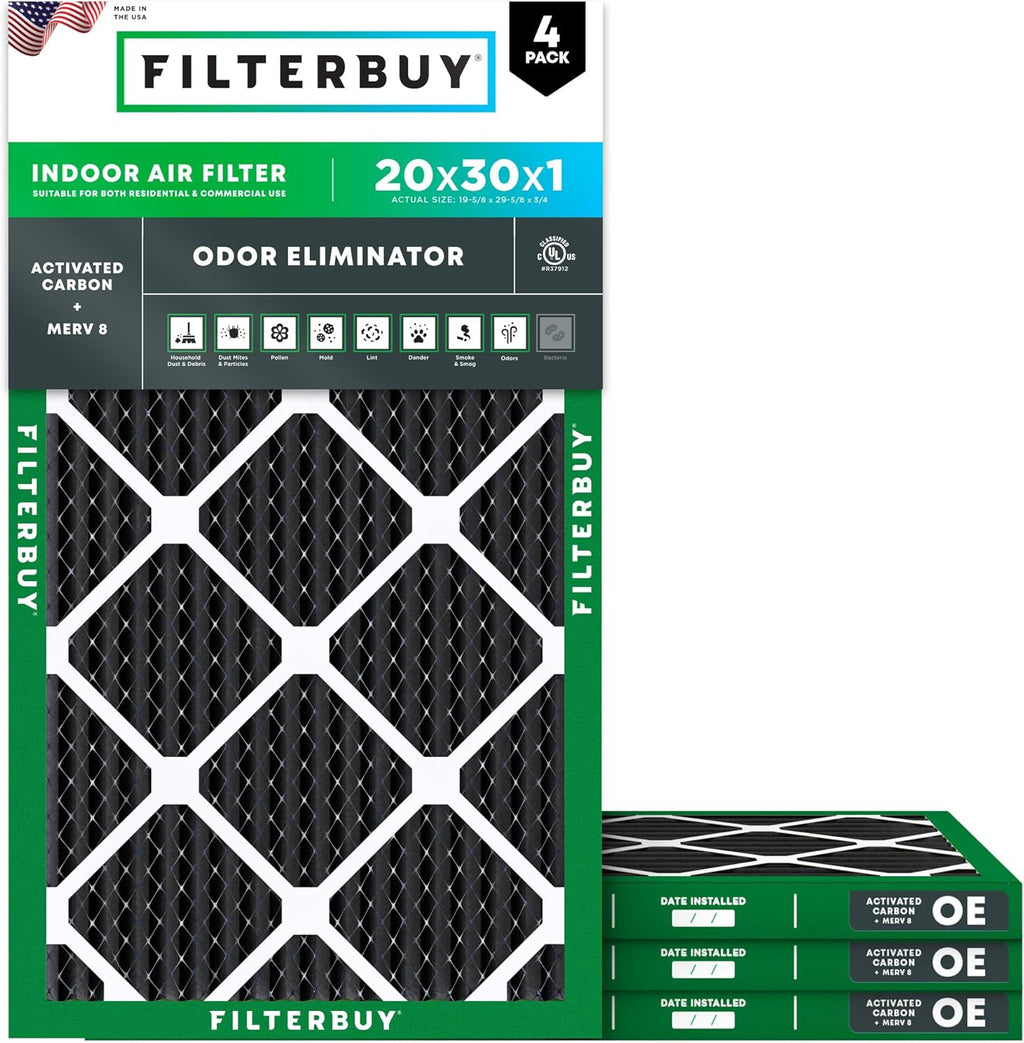 Filterbuy 20x30x1 Air Filter MERV 8 Odor & Allergy Defense with Activated Carbon (4-Pack), Electrostatic Pleated HVAC AC Furnace Filters Replacement, Made in USA (Actual Size: 19.63 x 29.63 x 0.75)