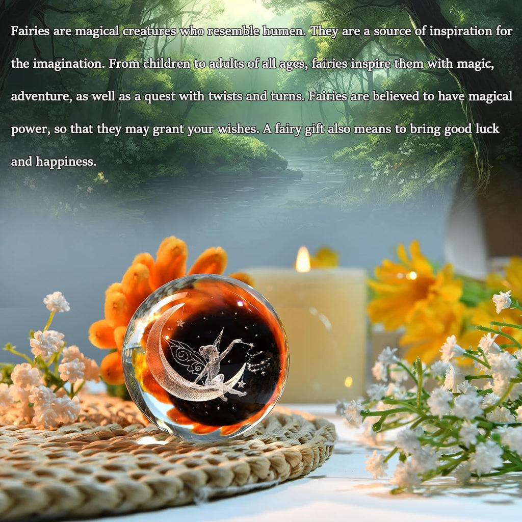 IFOLAINA Moon Fairy Crystal Ball - 3D Laser Engraved Glass Night Light, Decorative Globe, Crystal Moon Sphere - Gifts for Girls, Her, Fairy Lovers