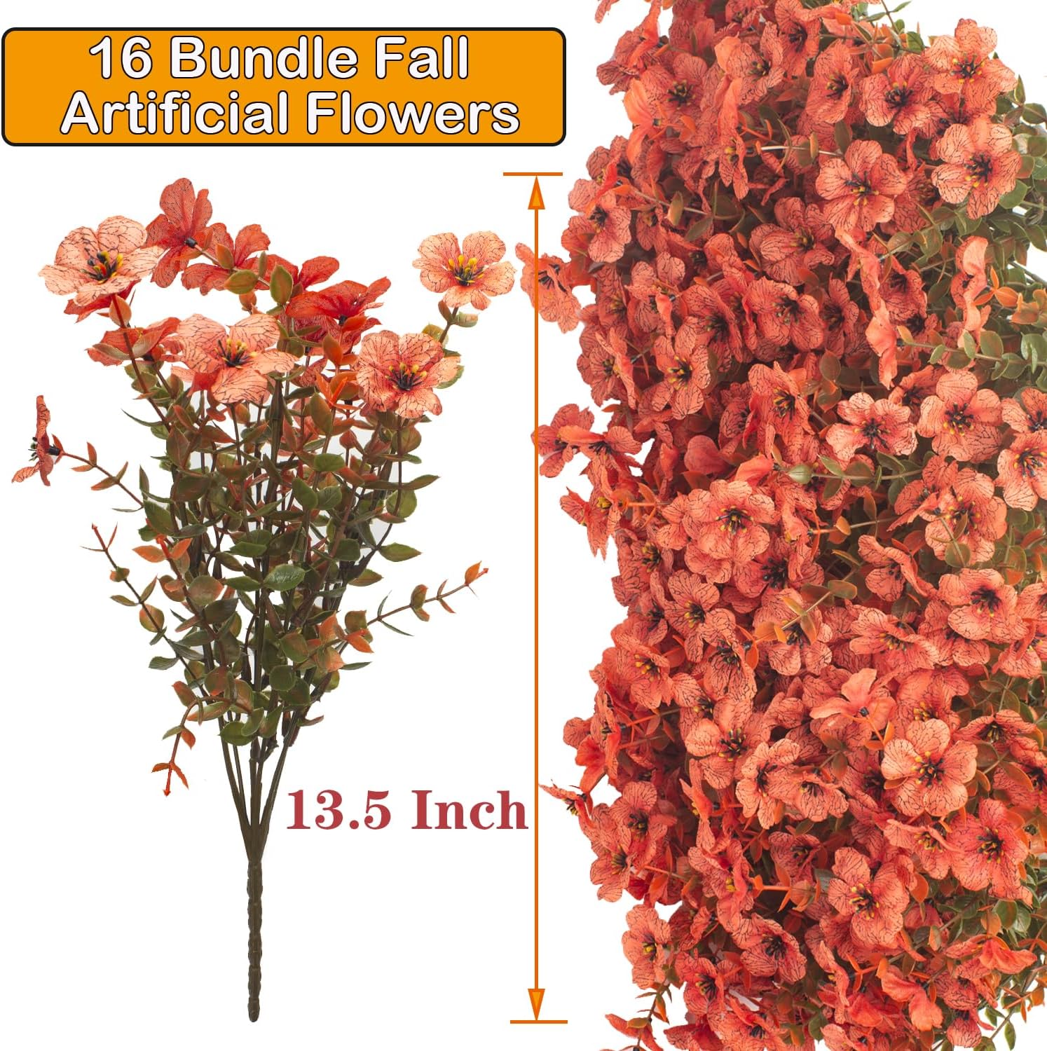 Fall Outdoor Artificial Flowers 16 Bundles - UV Resistant Faux Daisy with Eucalyptus Leaves, Weatherproof Fake Plants for Porch, Patio, Garden Decor, Indoor Outdoor Decor (Fall Orange Red)
