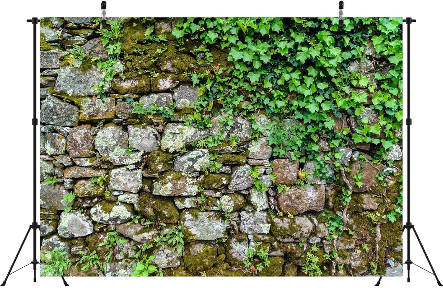 BELECO 12x10ft Fabric Brick Stone Wall Backdrop Ancient Rock Wall with Green Ivy Leaves Rock Stones Textured Background Vintage Stone Wall Party Decorations Banner Photoshoot Props