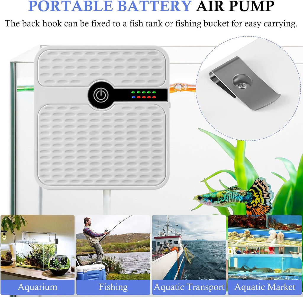 FEDOUR Battery Powered Aquarium Air Pump, Portable USB Rechargeable Oxygen Pump, Whisper Aerator Bubbler for up to 120Gal Fish Tanks, Outdoor Fishing, Aquatic Transport, Aquatic Markets