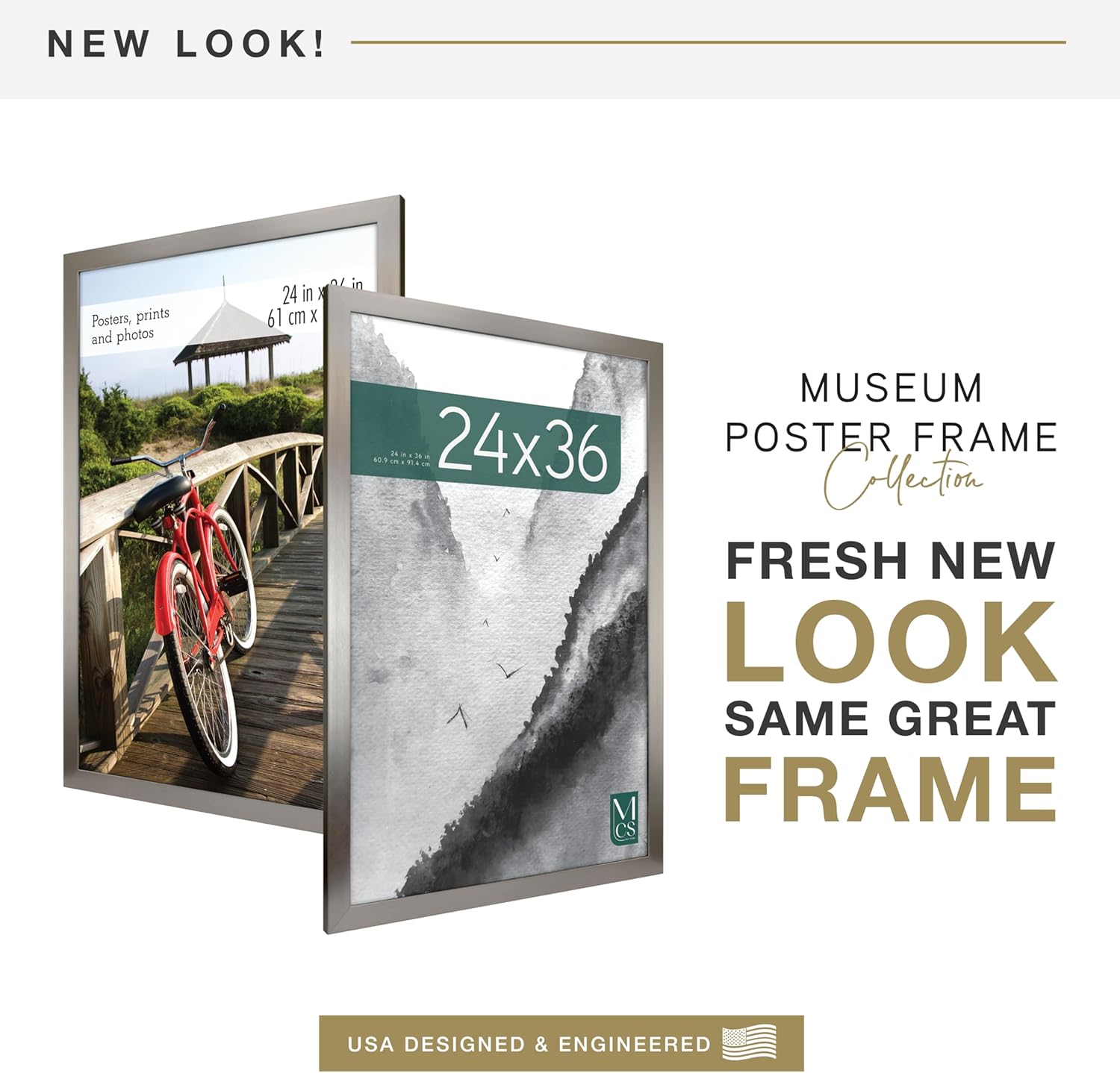 MCS Museum Poster Frame 24x36 Pewter, Vertical & Horizontal Wall Hanging Large Picture Frame for Photos, Posters & Art Prints (2-Pack)
