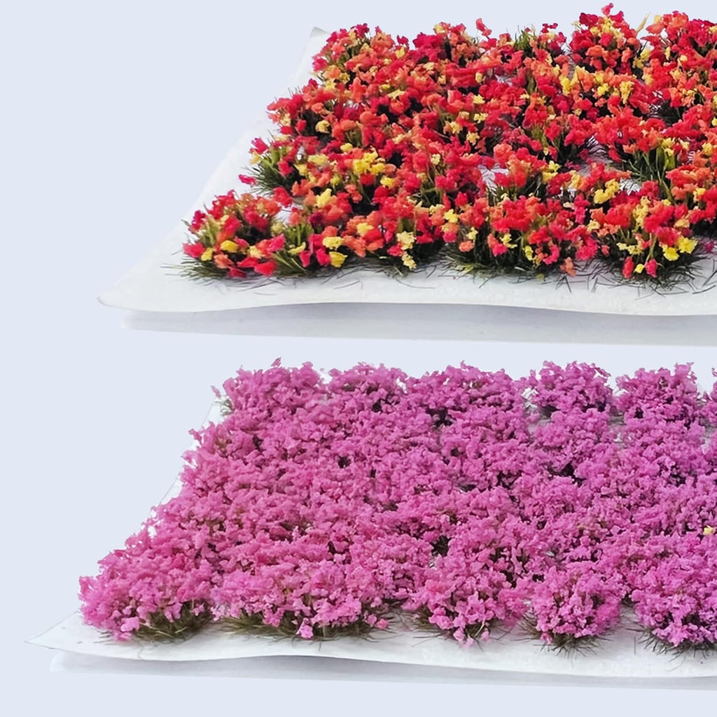 Woohome 2 Pack Miniature Colorful Flower Cluster Self Adhesive Flower Vegetation Groups Pink Orange Static Grass Tufts for Train Landscape Railroad Scenery Sand Military Layout Model