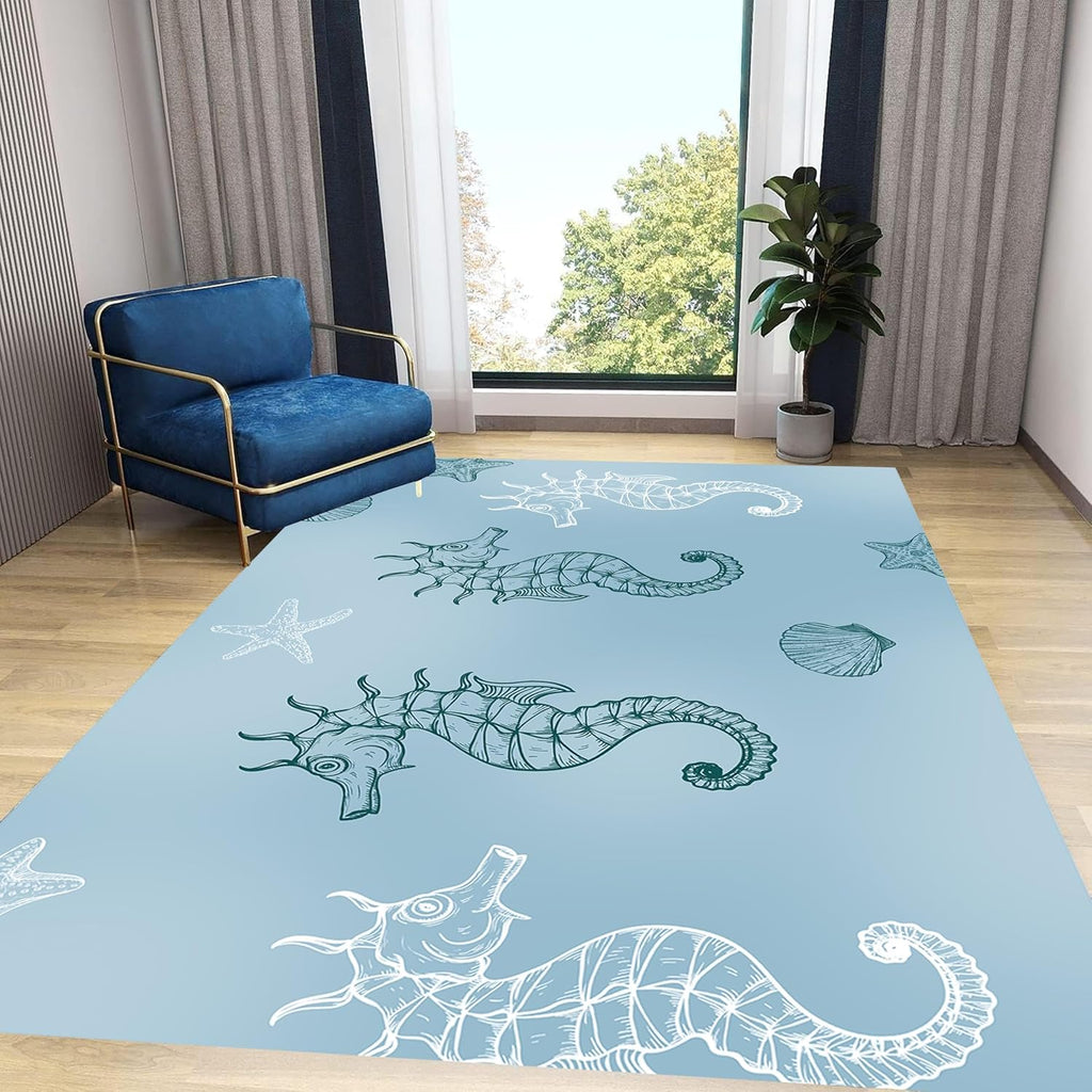 Seahorse Starfish Area Rugs, 4x6ft, Coastal Marine Animal Shell Nautical Rug for Bedroom, Pet Friendly Absorbent Carpet, Floor Decor Dirty Resistant Durable Mat for Bath Room Girls Boys