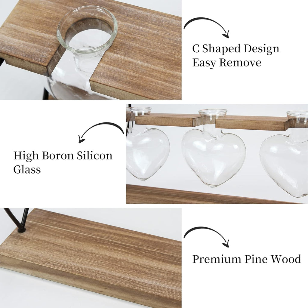 takfot Plant Propagation Station with Wood Stand, Terrarium Tabletop Glass Planter for Hydroponics Air Plants Home Decor, Plant Holder Lover for Mother Family Women 3 Heart Shaped Vase