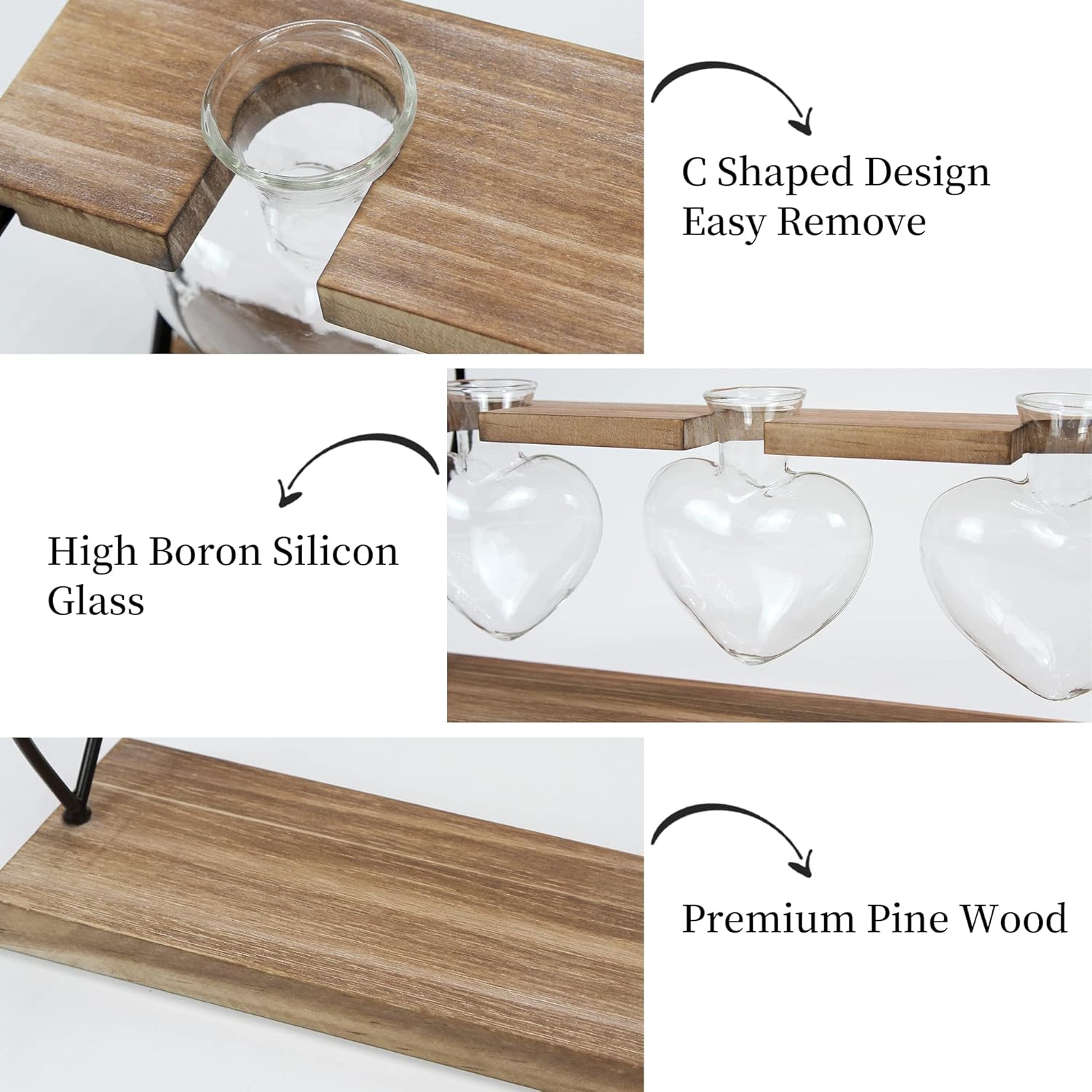 takfot Plant Propagation Station with Wood Stand, Terrarium Tabletop Glass Planter for Hydroponics Air Plants Home Decor, Plant Holder Lover for Mother Family Women 3 Heart Shaped Vase