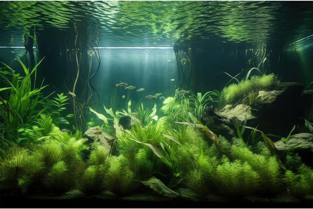 Underwater Aquarium Background Lush Green Aquatic Plants with Sunbeams Fish Tank Background Underwater Rooted Species Stone with Moss Tropical Fish Terrarium Background Vinyl 48x18in