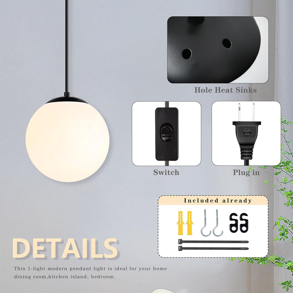 KoKo&Yukina 8" Globe Pendant Light Black Plug in Pendant Light Adjustable Hanging Lights with Plug in Cord Matte Black Finished with Milk Glass Lampshade for Bedroom Kitchen Island（Bulb Included）