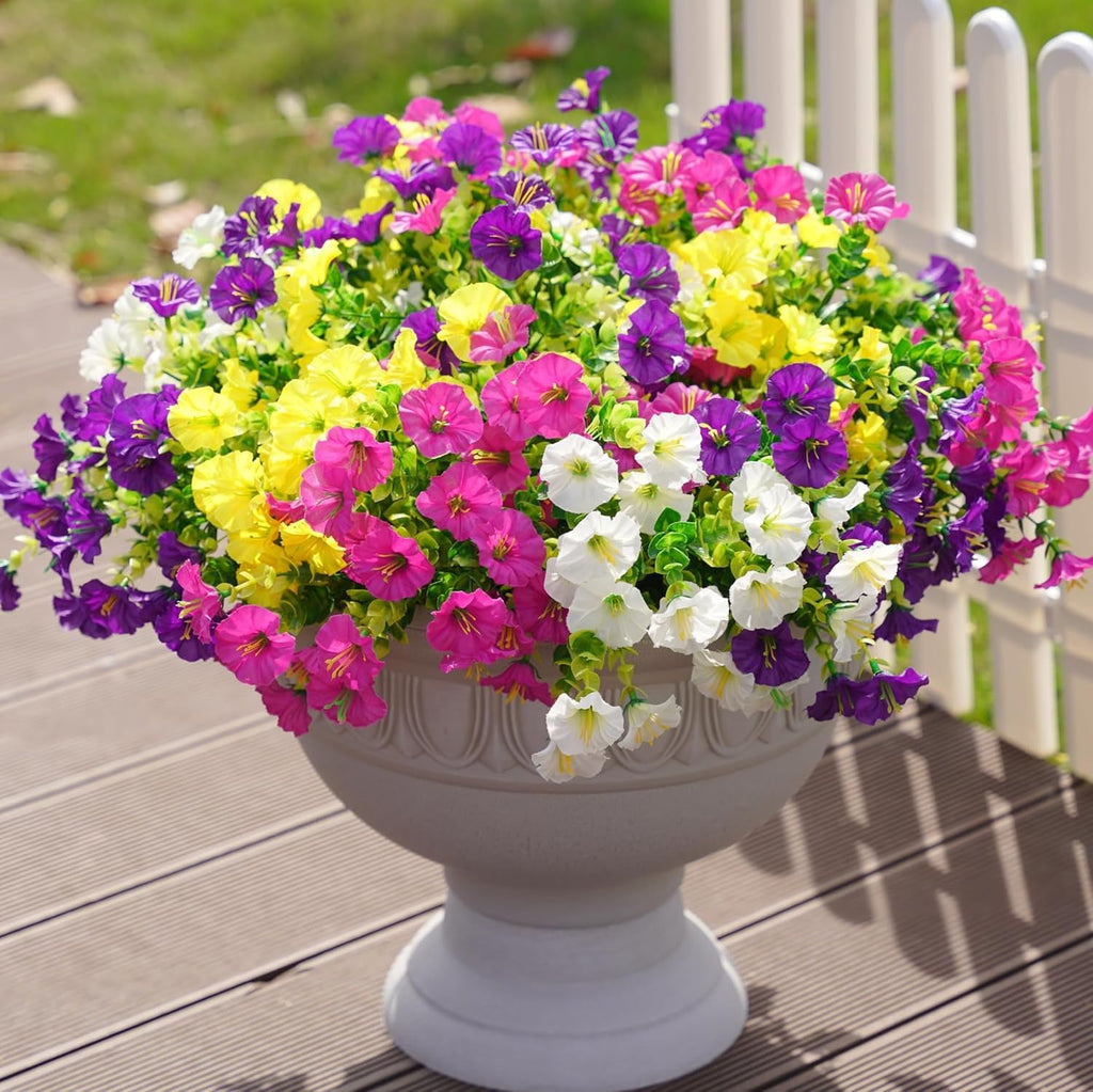Artificial Flowers Fake Plants for Outdoors Decoration, 12 Bundles Silk Morning Glory with Eucalyptus Realistic UV Resistant Faux Flowers for Outside Planter Porch Yard Patio Garden Home Indoor, Mix