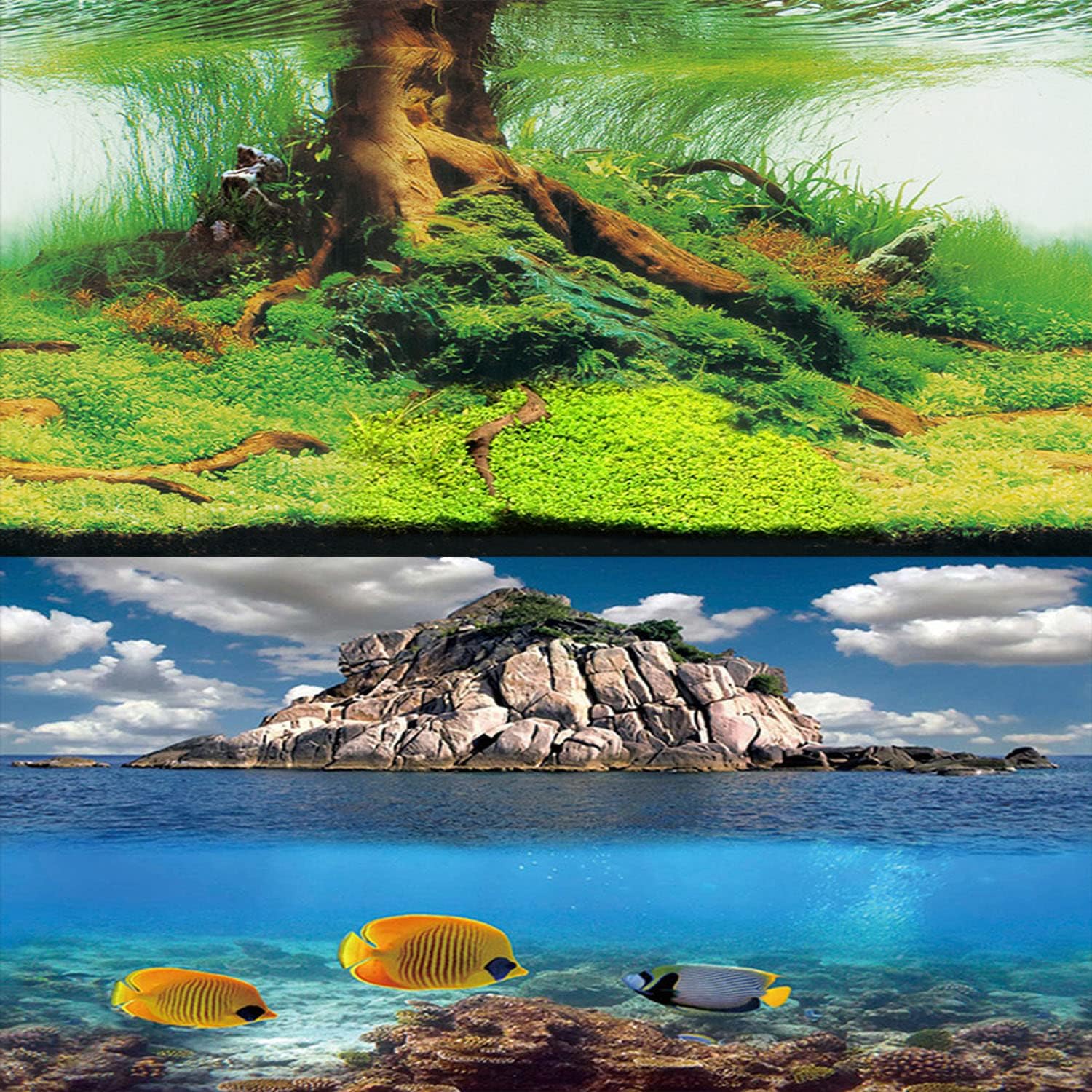 ELEBOX 3D Aquarium Background Double Sides Fish Tank Wallpaper Background Blue Sky Sea & Aquatic Plant Poster
