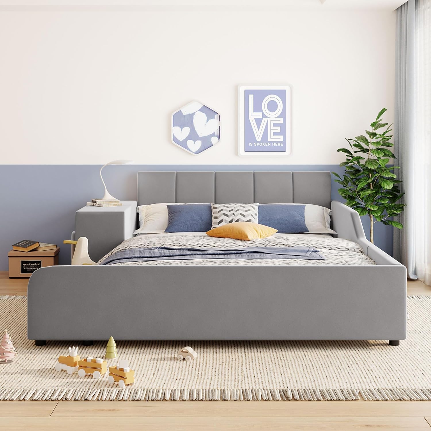 Merax Full Size Velvet Bed Frames Upholstered Grounded Bed, Wooden Mother & Child Bed with Bedside Desk and Little Round Stool,Kids Adults Bedroom Floor Platform Bed,Gray