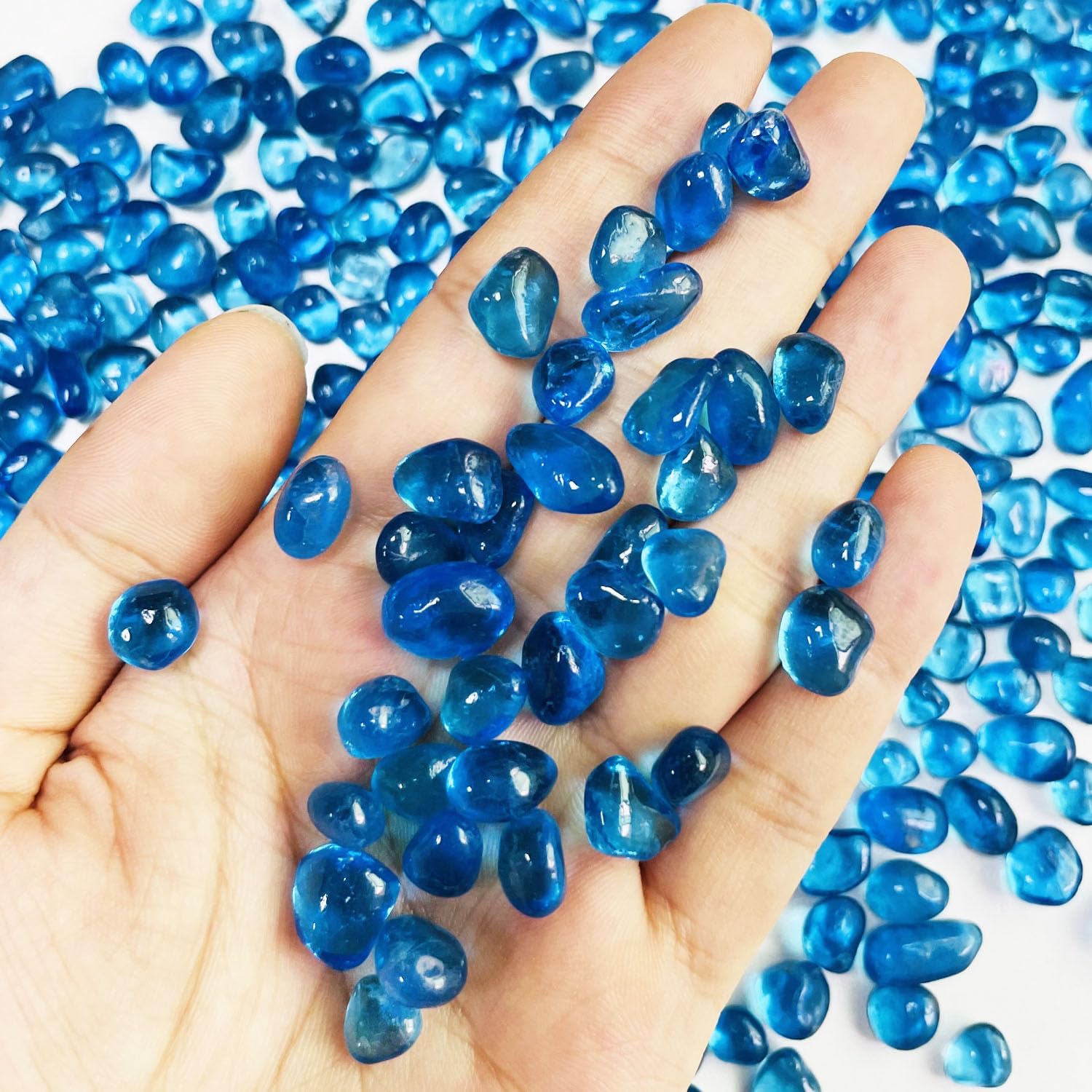 Blue Glass Stones, 0.85LB/385g Aquarium Gravel Rocks, Blue Aquarium Pebbles for Fish Tank, Sea Glass Rocks for Vase Filler Craft