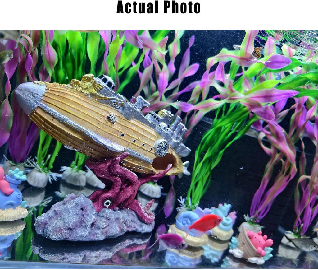 7.9 inch Special Design Kraken Submarine Realistic Shipwreck Decor for Aquarium - Resin Sunken Ship Ornament with Fish Hideouts, Fish Tank Accessories, Aquarium Ornaments, Fish Tank shipwrecks