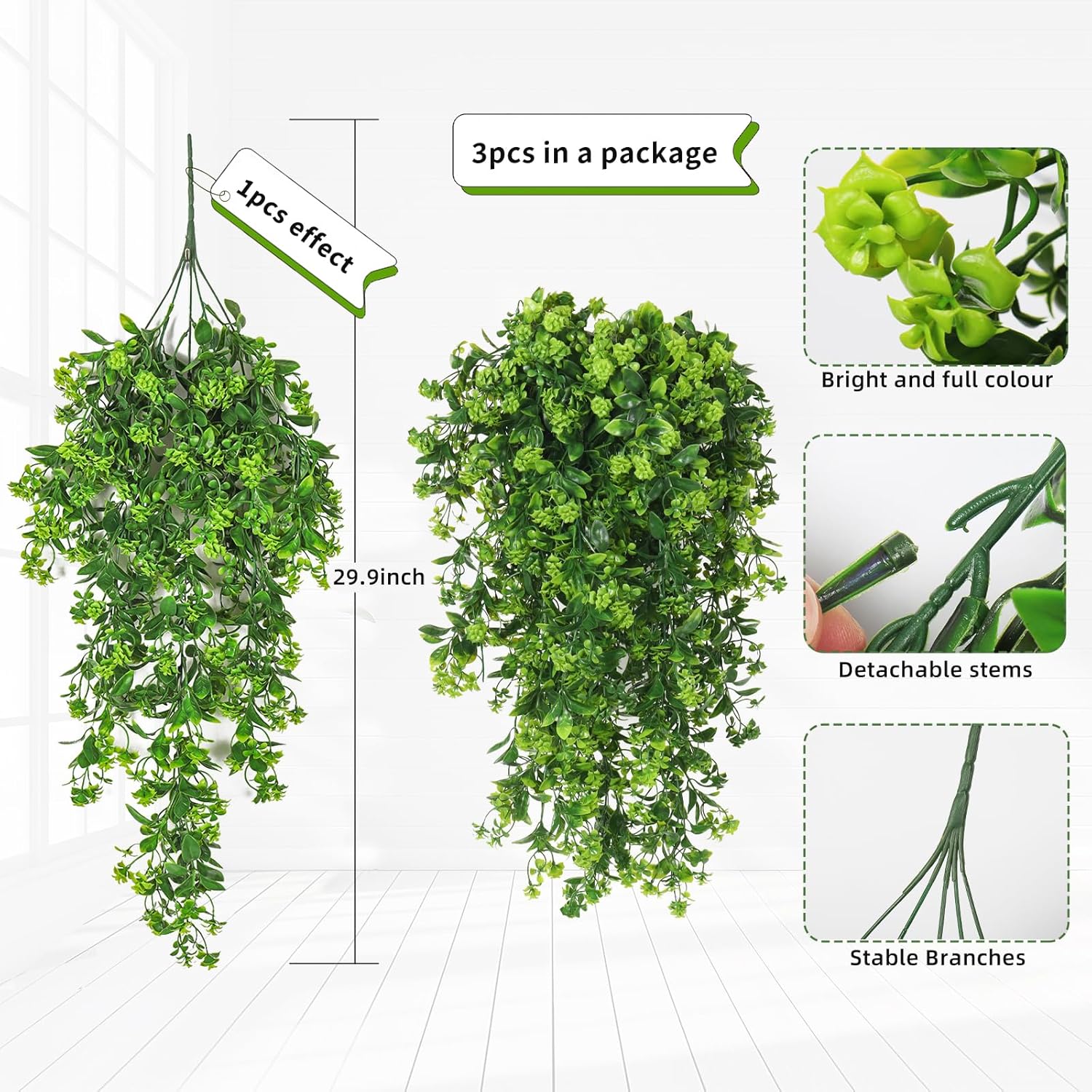 SJL Fake Hanging Plants 3pcs Hanging Plants with Flowers Artificial Greenery Faux Ivy Vine Leaves UV Resistant Plastic Plant Faux Greenery Vine Plant for Wall Home Indoor Outdoor Decor (Green)