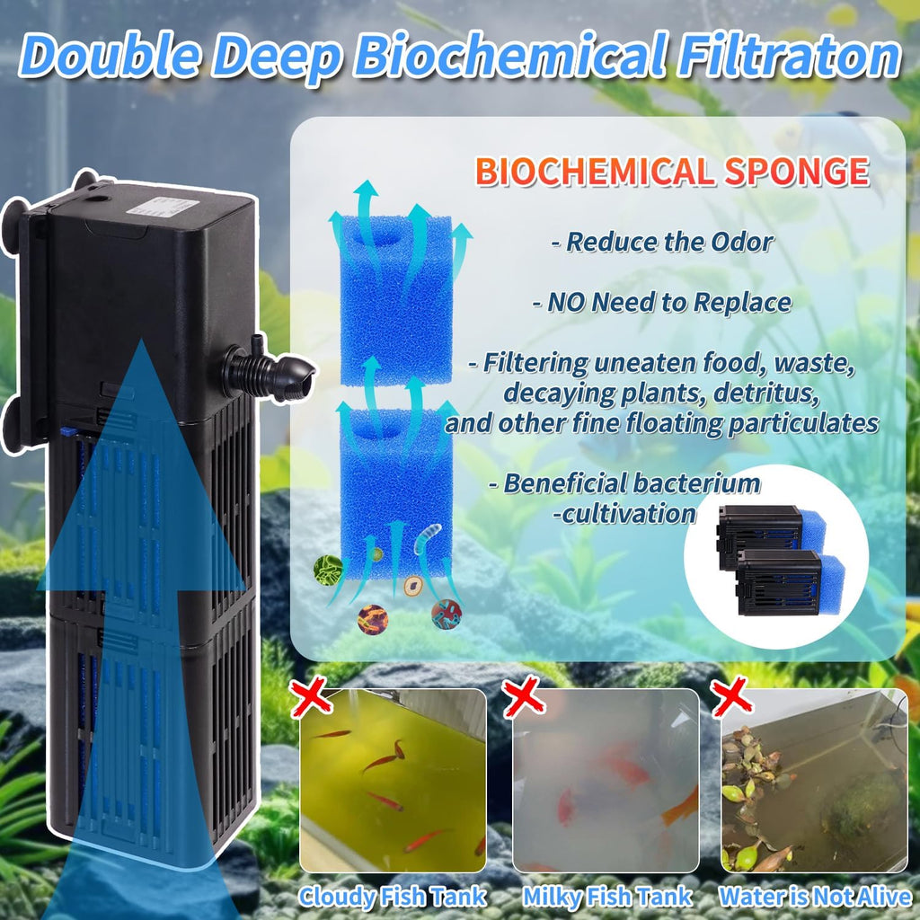 Aquarium Filter Water Flow Adjustable for 55-200 Gallon Fish Turtle Tank 400GPH Biochemical Filtration 4in1 Submersible Internal Powerful Pumps & Filters Keep Freshwater Saltwater Crystal Clear Large