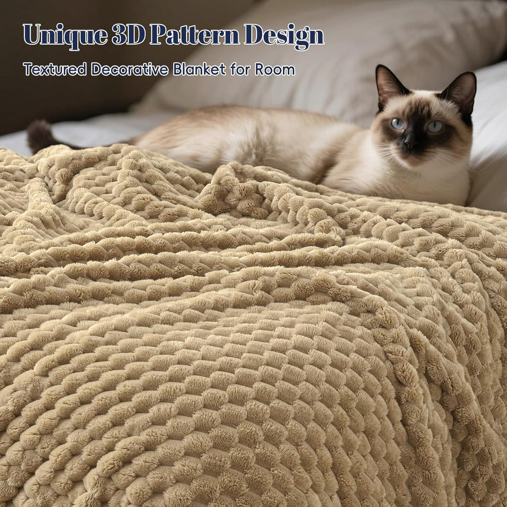 PHF Ultra Soft Flannel Fleece Blanket Twin Size, Lightweight 3D Jacquard Fleece Blanket, No Shedding, No Pilling, Luxury 340GSM Fluffy Cozy Bedding for Bed Room Decor, 66"x90", Khaki