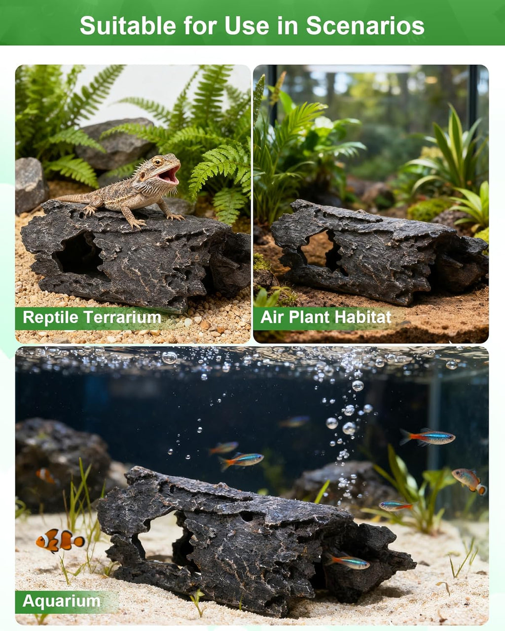 TRUVIC Fish Tank Decorations - Aquarium Large Cave Decor, Resin Hollow Tree Trunk Reptile Hide & Betta Log Hideout for 55 Gallon Tank, Fish Accessories Shelter Cave