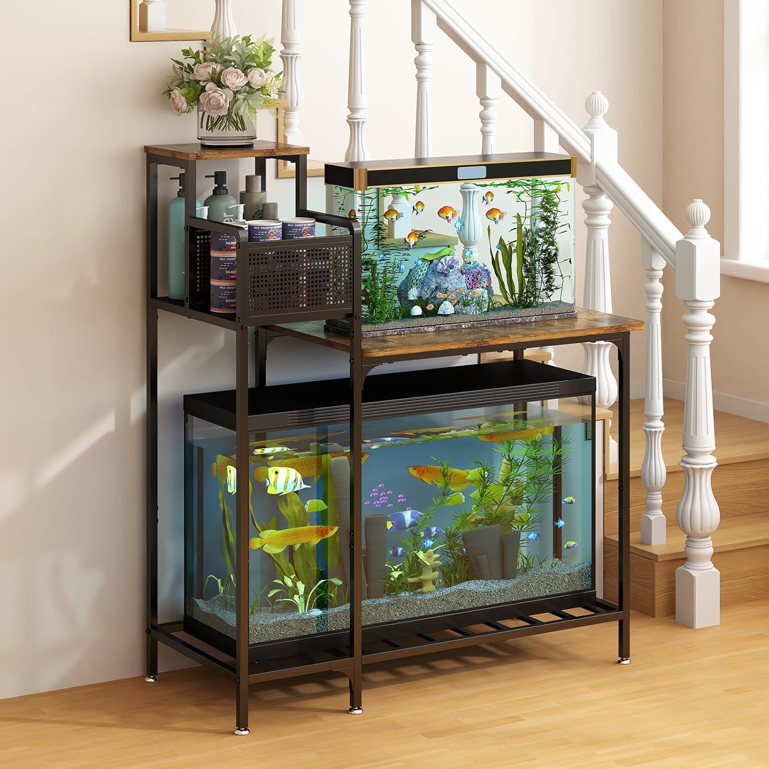 Wisdom Star 10-20 Gallon Aquarium Stands Metal Frame, Fish Tank with Stand with Cabinet Storage, 33.1" L * 15" W Tabletop, 330LBS Capacity, Fits Aquarium,Turtle Tank or Reptile Terrariums, Black