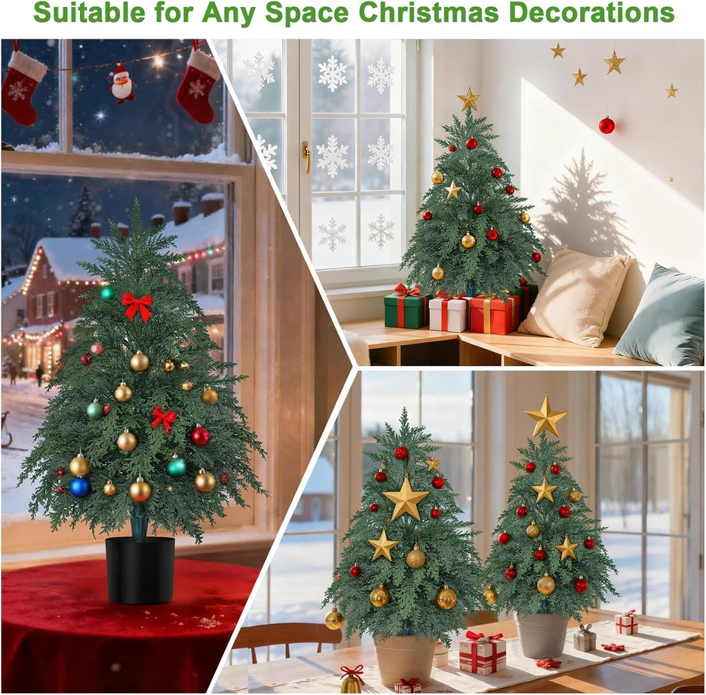 2Pack Artificial Topiary Trees, 2FT Faux Cypress, Faux Evergreen Pine Shrubs Plants with Pot, Potted Plants for Front Porch Indoor Outdoor Garden Christmas Decor