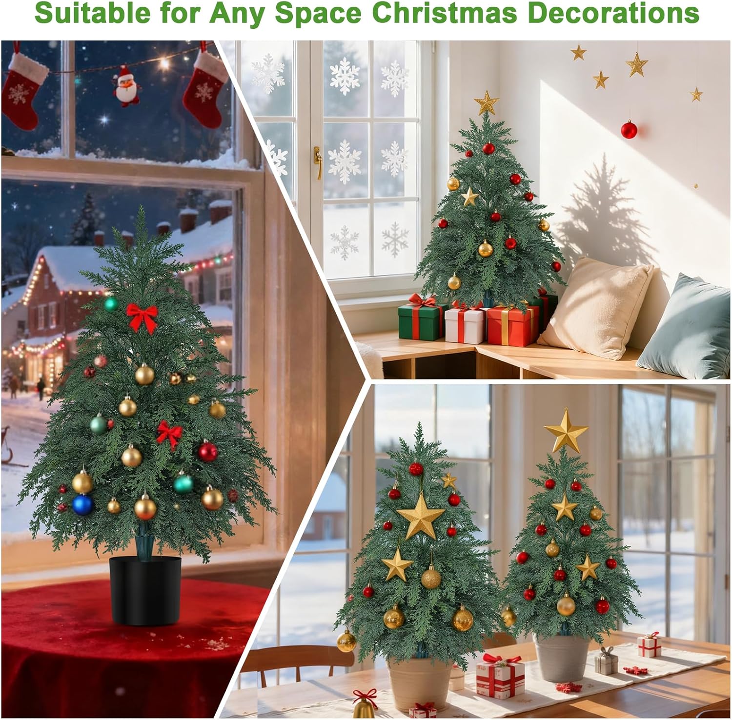 2Pack Artificial Topiary Trees, 2FT Faux Cypress, Faux Evergreen Pine Shrubs Plants with Pot, Potted Plants for Front Porch Indoor Outdoor Garden Christmas Decor