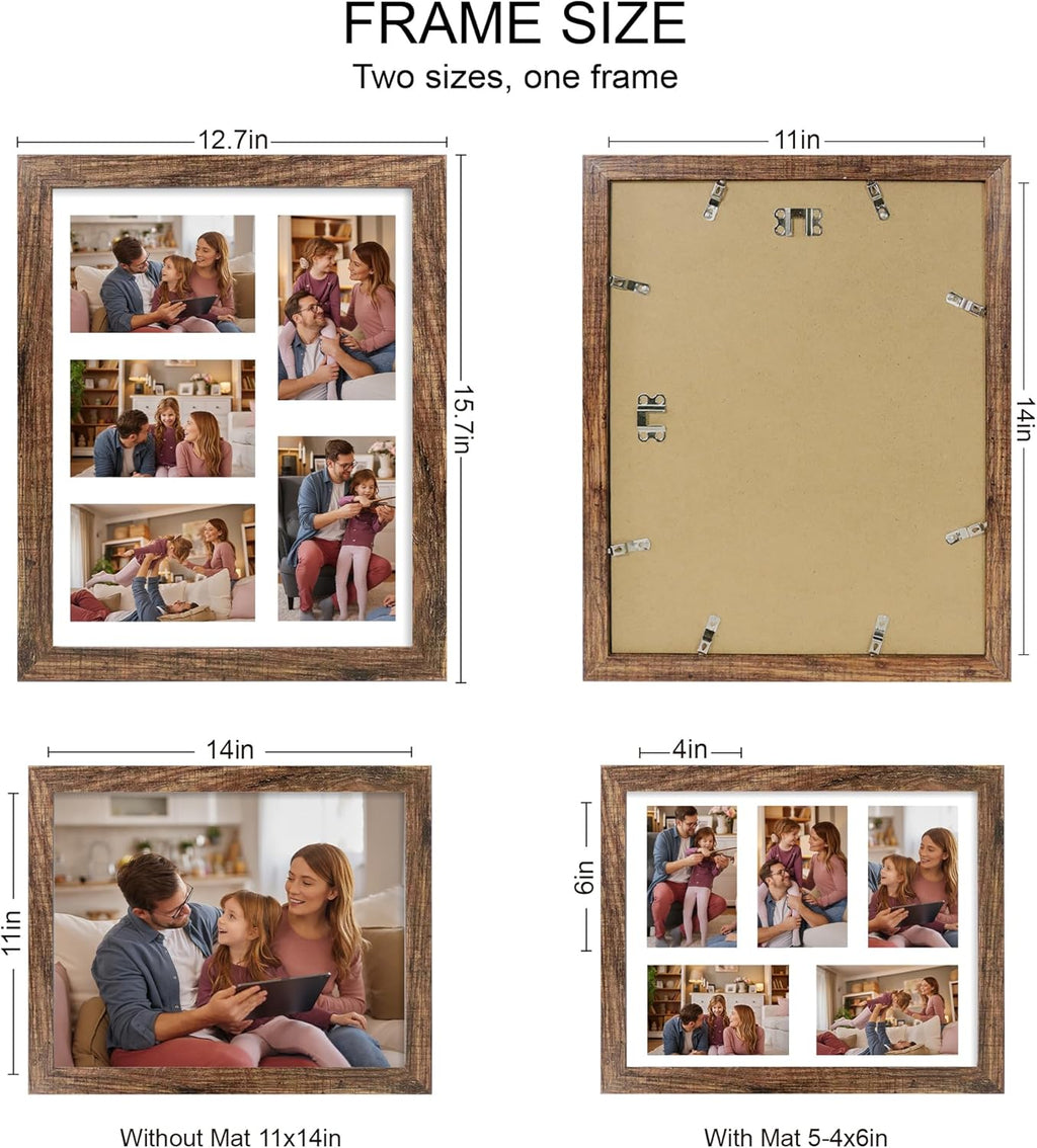 11x14 Picture Frame Set of 2, Rustic Brown Wood Frame with Real Glass Collage Picture Frames, Display Pictures Five 4x6 With Mat or 11 x 14 Without Mat, Photo Frames Wall Gallery