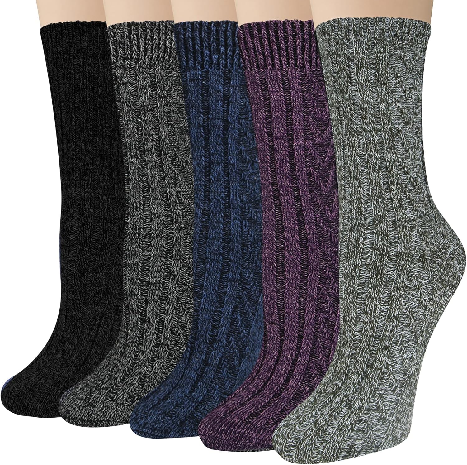 Justay 5 Pairs Wool Socks for Women - Winter Thick Boot Cozy Crew Vintage Soft Calf Knit Warm Socks Gifts