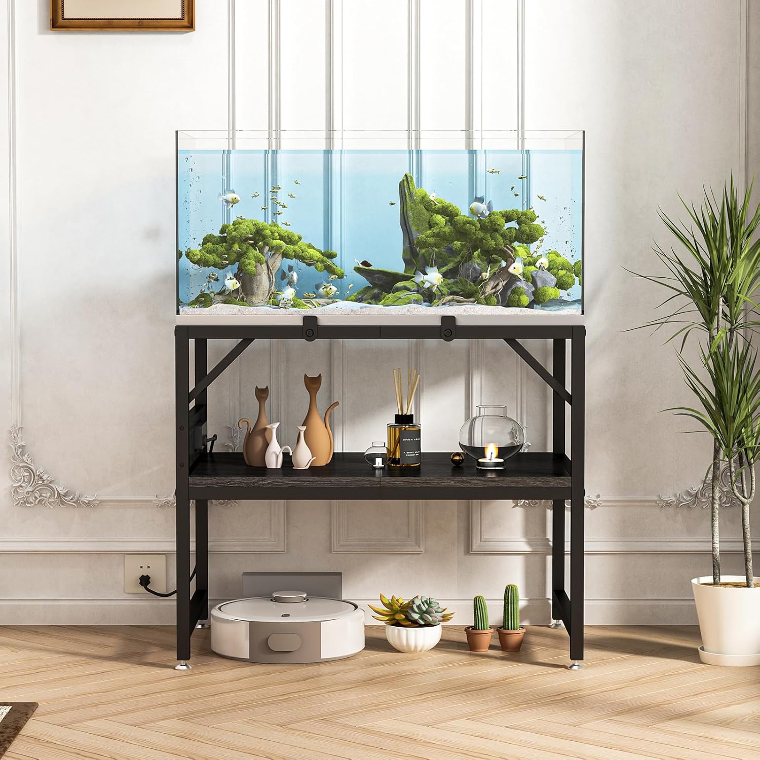 15-20 Gallon Fish Tank Stand with Power Outlets, Aquarium Stand with 2-Tier Storage Shelves,Heavy Metal Reptile Tank Stand Fish Tank Shelf for Home Office,Black