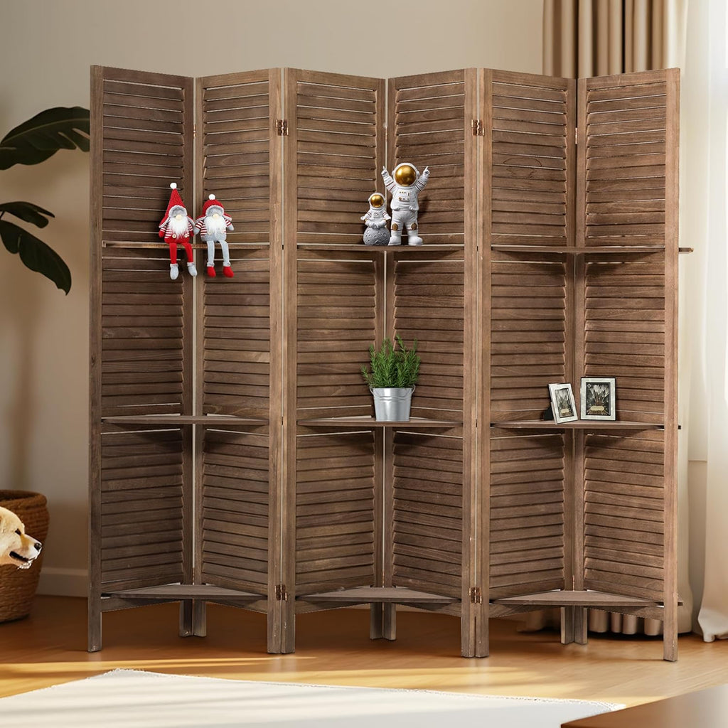6 Panel Room Divider with Shelves Wood Privacy Screen Partition Room Dividers Folding Freestanding Room Screen Divider with Display Shelves for Home Office Studio Apartment, Dark Brown
