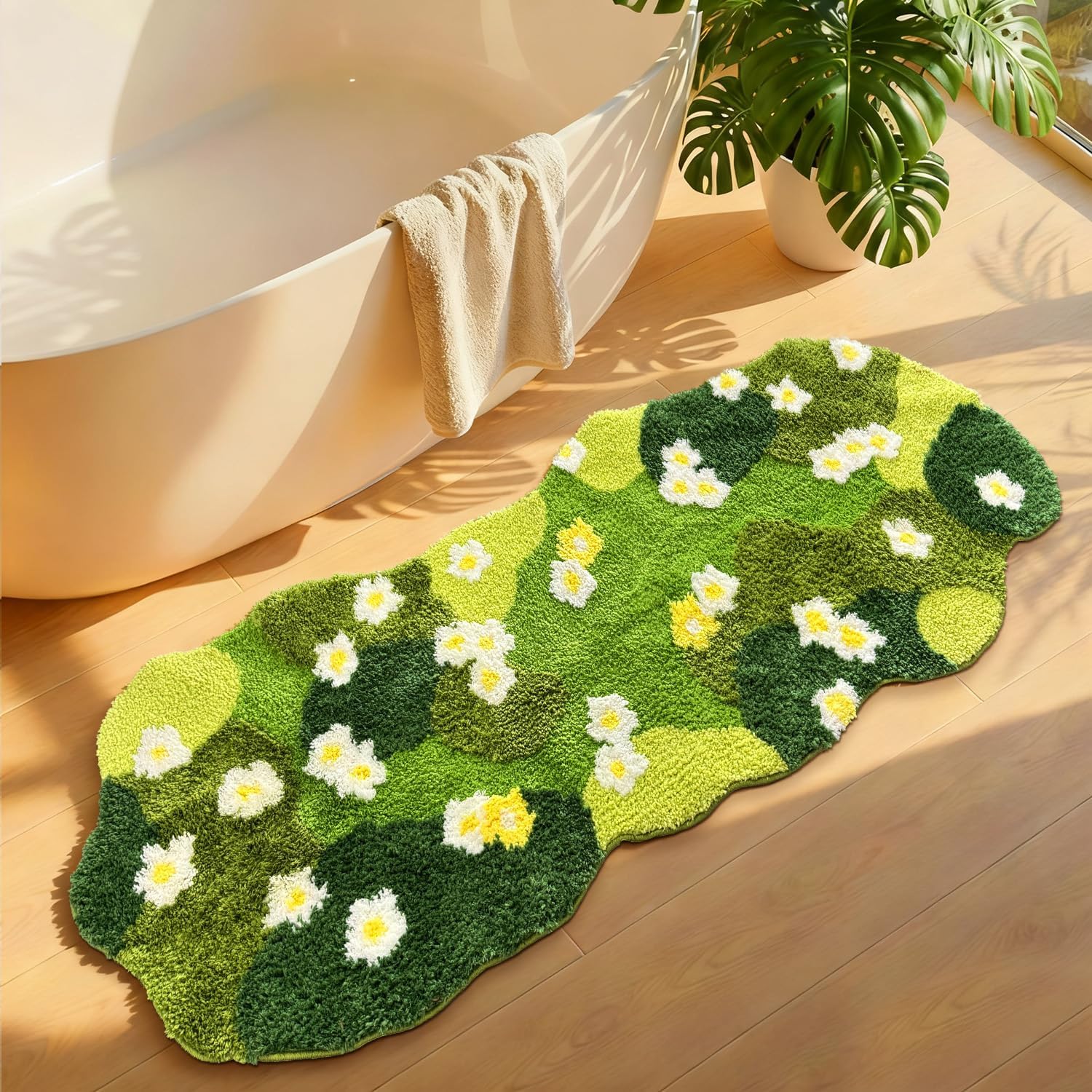 Moss Green Bathroom Rug ,Floral 5 x 2 Ft Runner,Ultra Thick Soft Irregular Shaped Rug,Water Absorbent Non Slip Microfiber Bath Mat For Shower Floor Decor,Aesthetic Trendy Rugs For Bedroom ,63x24 In