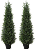 LOMANTO Outdoor Artificial Topiary Cedar Tree 4Ft UV Rated Potted Plants 2Pack Fake Tree for Porch Decor Faux Pine Plant for Perfect Housewarming Gift