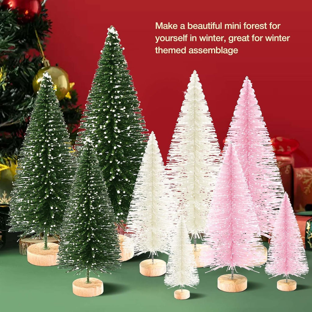 9Pcs Mini Christmas Trees Christmas Decor Artificial Christmas Decorations with 4 Sizes, Christmas Tree Bottle Brush Trees Christmas Table Decorations (Green Beige Pink)