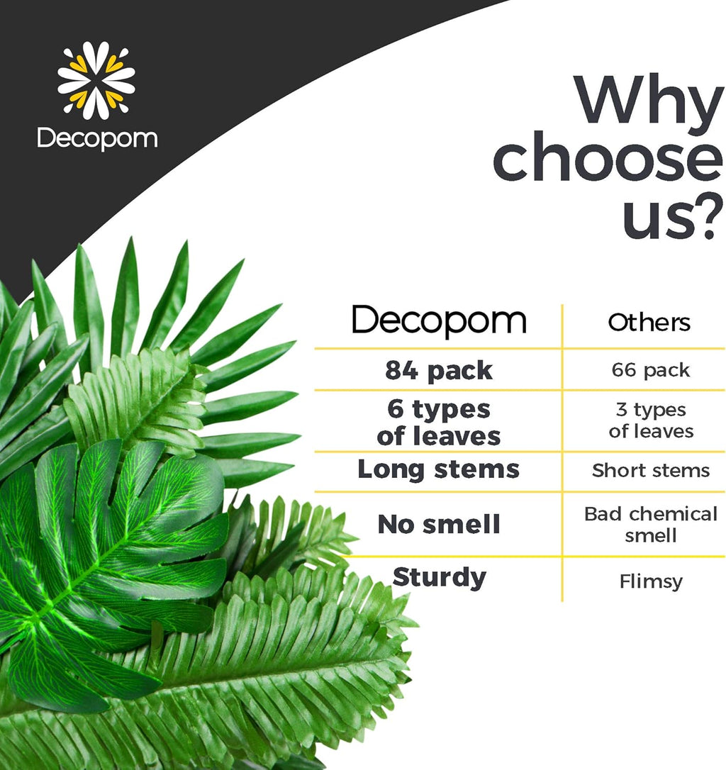 Decopom Palm Leaves Artificial Tropical Monstera-84Pcs 6 Kinds Large Small Green Fake Palm Leaf with Stems for Safari Jungle Hawaiian Luau Party Table Decoration Wedding Birthday Theme Party